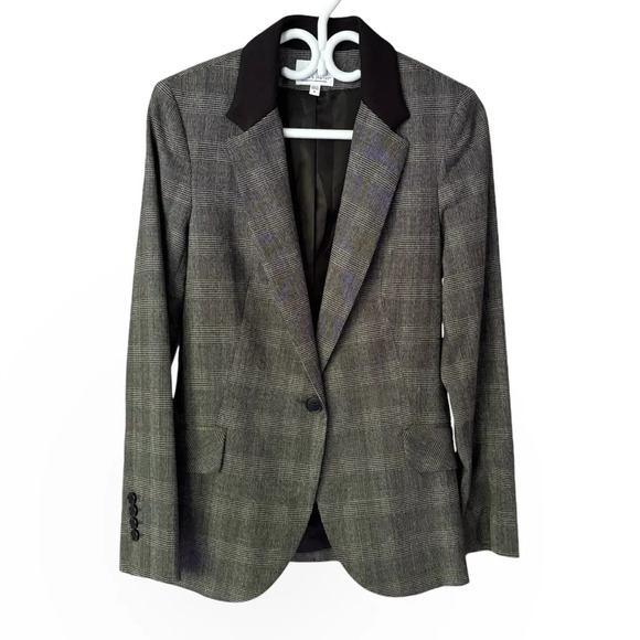 Judith & Charles Peak Lapel One Button Black Gray Plaid Wool Blazer Size 2 - Picture 1 of 5